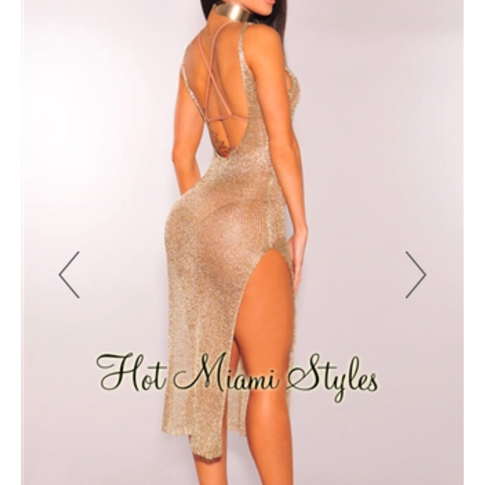 Gold Metallic Knit Double Slit Midi Dress/Coverup